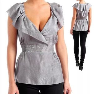 Sexy Silver wrap front ruffle low cut top new S